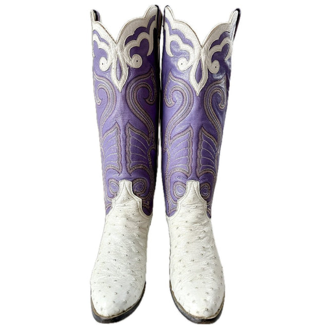 LARRY MAHAN Vintage Ostrich Purple White Knee High Cowboy Boots - Botablu