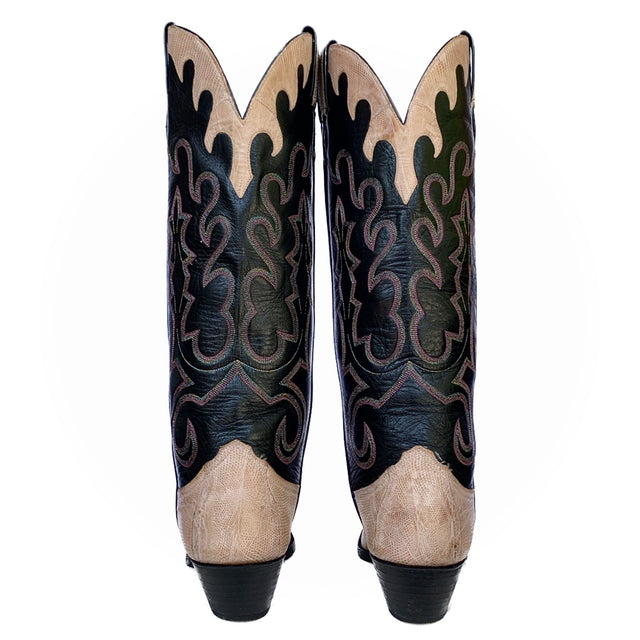 LARRY MAHAN Vintage Pink Lizard Exotic Black Leather Tall Knee High Cowgirl Cowboy Western Boots - Botablu
