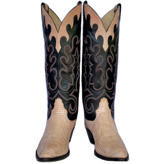 LARRY MAHAN Vintage Pink Lizard Exotic Black Leather Tall Knee High Cowgirl Cowboy Western Boots - Botablu