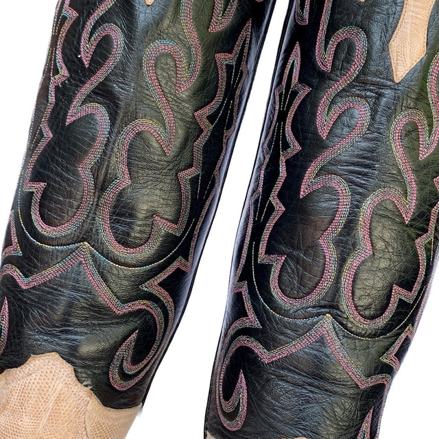 LARRY MAHAN Vintage Pink Lizard Exotic Black Leather Tall Knee High Cowgirl Cowboy Western Boots - Botablu