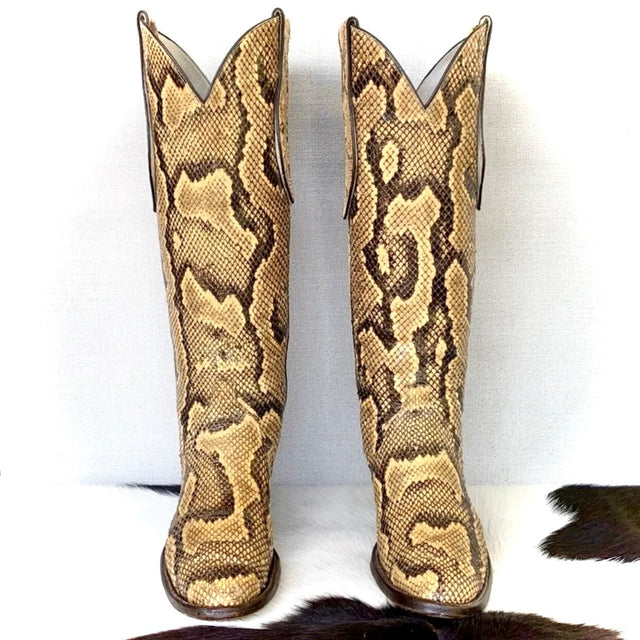 LARRY MAHAN Vintage Python Snakeskin Exotic Tall Knee High Cowboy Western Boots - Botablu