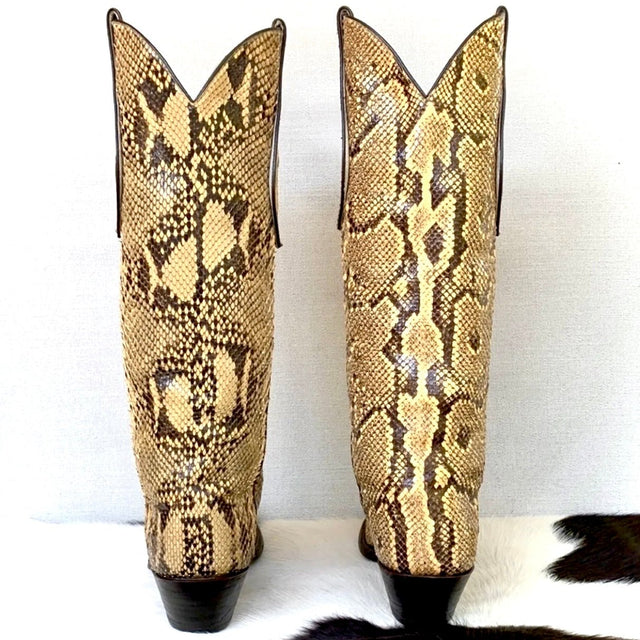 LARRY MAHAN Vintage Python Snakeskin Exotic Tall Knee High Cowboy Western Boots - Botablu