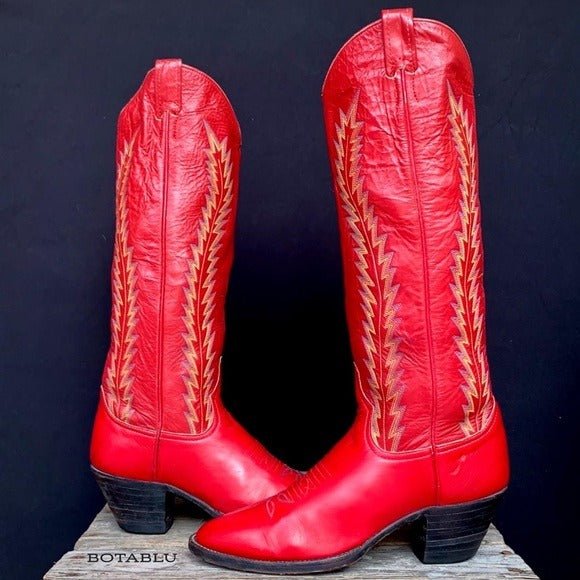 LARRY MAHAN Vintage Red Leather Tall Knee High Cowboy Boots - Botablu