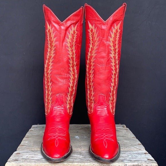 LARRY MAHAN Vintage Red Leather Tall Knee High Cowboy Boots - Botablu