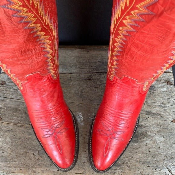 LARRY MAHAN Vintage Red Leather Tall Knee High Cowboy Boots - Botablu
