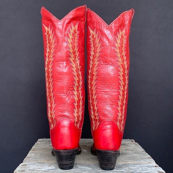 LARRY MAHAN Vintage Red Leather Tall Knee High Cowboy Boots - Botablu