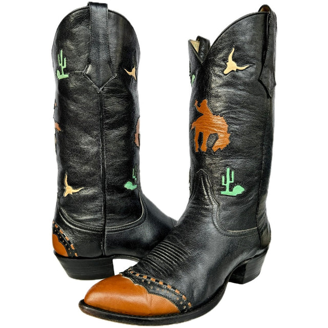 LARRY MAHAN Vintage Rodeo Buckin Bronco Cactus Cowboy Western Boots - Botablu