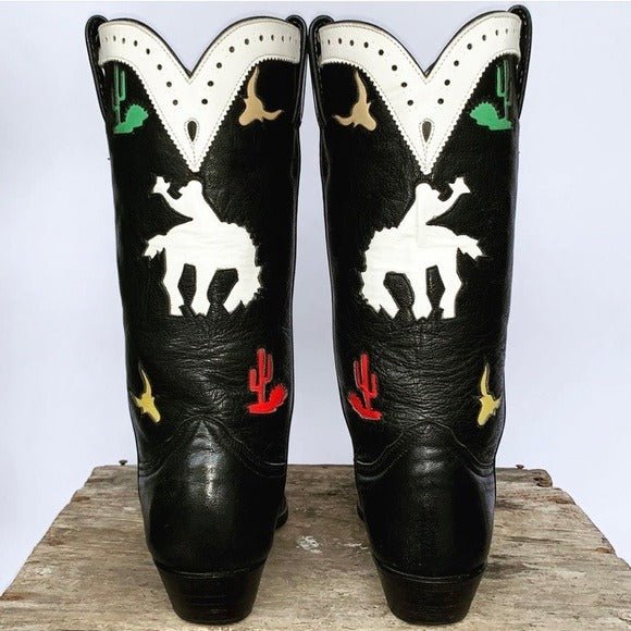 LARRY MAHAN Vintage Rodeo Cactus Black Rockabilly Cowgirl Cowboy Western Boots - Botablu
