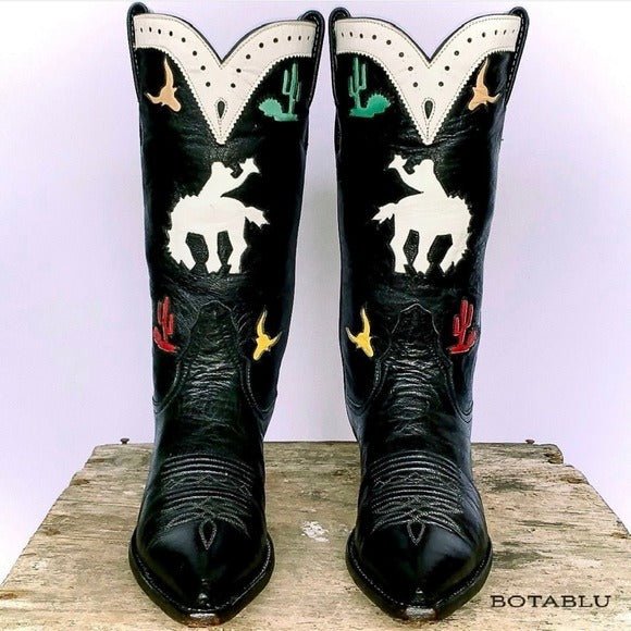 LARRY MAHAN Vintage Rodeo Cactus Black Rockabilly Cowgirl Cowboy Western Boots - Botablu