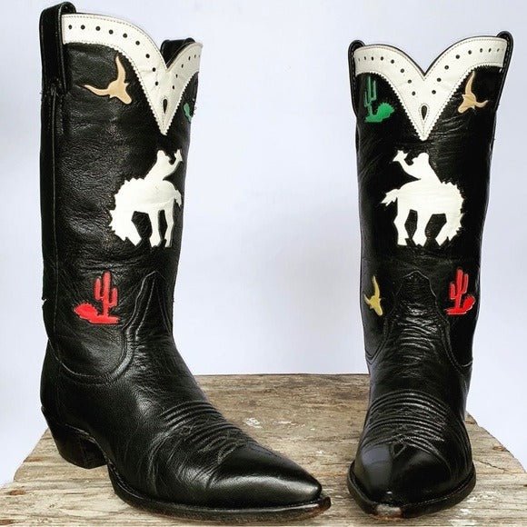 LARRY MAHAN Vintage Rodeo Cactus Black Rockabilly Cowgirl Cowboy Western Boots - Botablu