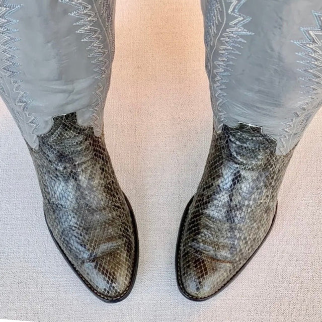 LARRY MAHAN Vintage Snakeskin Gray Leather Tall Knee High Cowboy Western Boots - Botablu