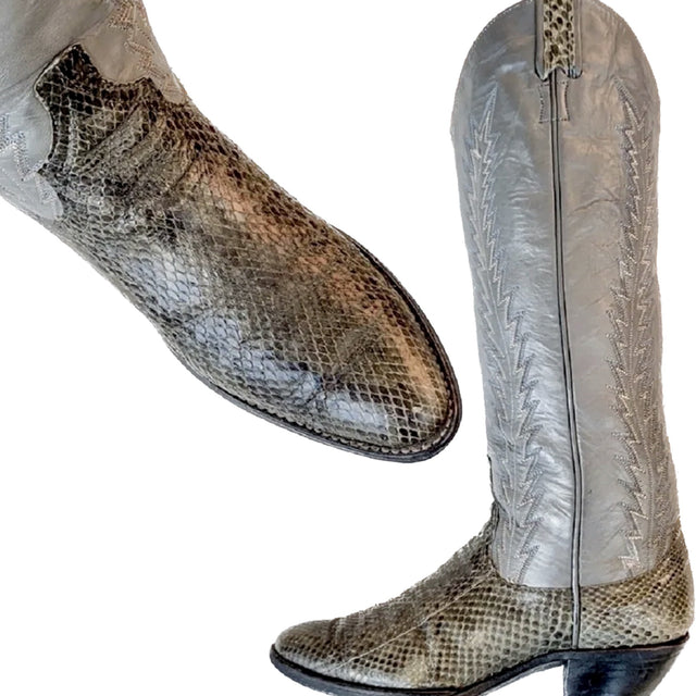 LARRY MAHAN Vintage Snakeskin Gray Leather Tall Knee High Cowboy Western Boots - Botablu