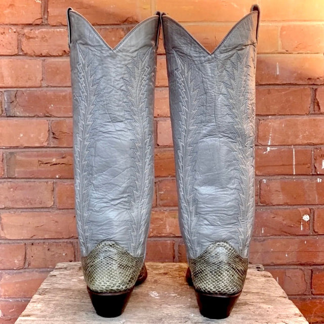 LARRY MAHAN Vintage Snakeskin Gray Leather Tall Knee High Cowboy Western Boots - Botablu