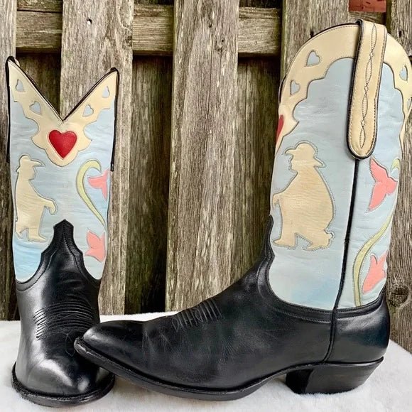 LARRY MAHAN Vintage Thinking Cowboy Heart Floral Cowgirl Western Boots - Botablu