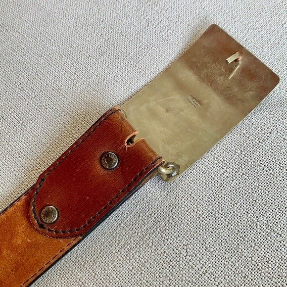 LARRY MAHAN Vintage Tooled Leather Belt Silver Turquoise Western Belt Buckle - Botablu