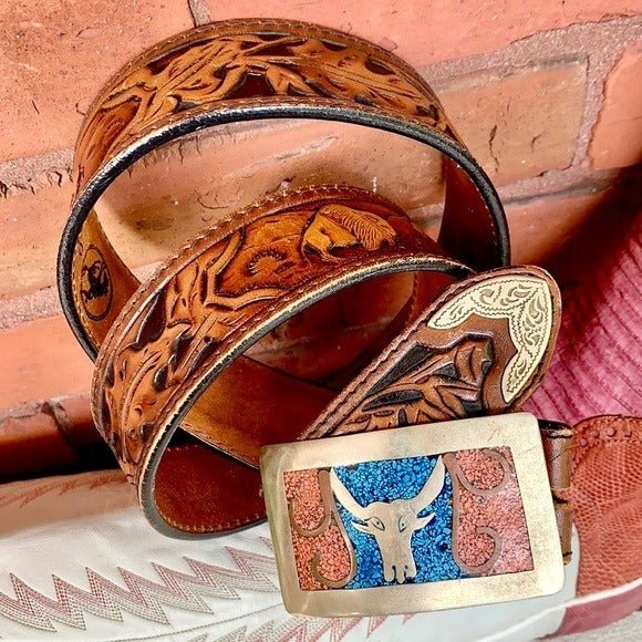 LARRY MAHAN Vintage Tooled Leather Belt Silver Turquoise Western Belt Buckle - Botablu