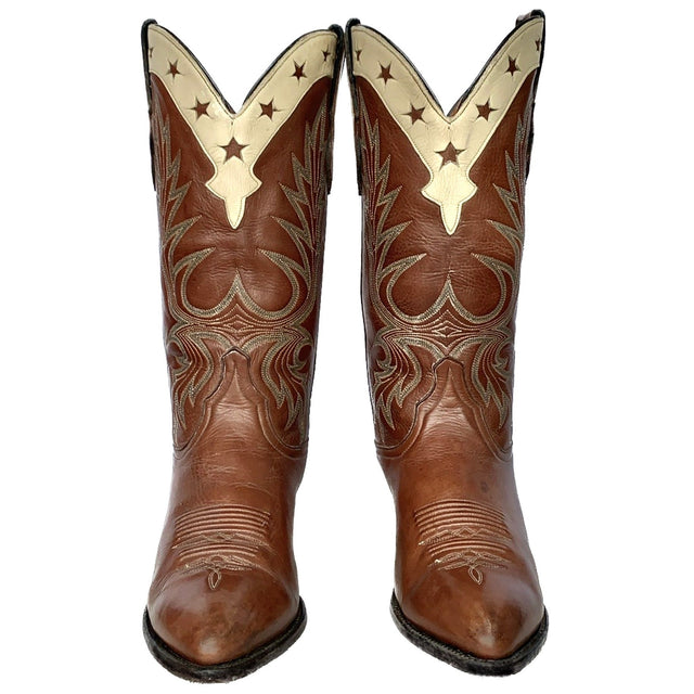 LARRY MAHAN Vintage USA Star Tall Brown Leather Cowgirl Western Boots - Botablu