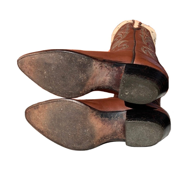 LARRY MAHAN Vintage USA Star Tall Brown Leather Cowgirl Western Boots - Botablu