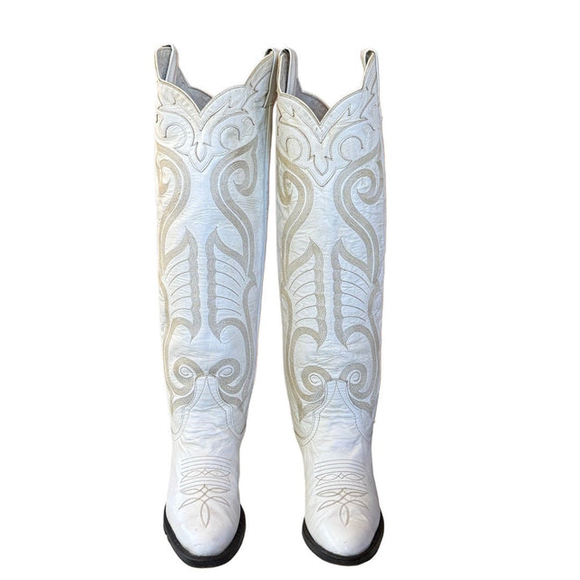 LARRY MAHAN Vintage White Knee High Cowboy Boots - Botablu