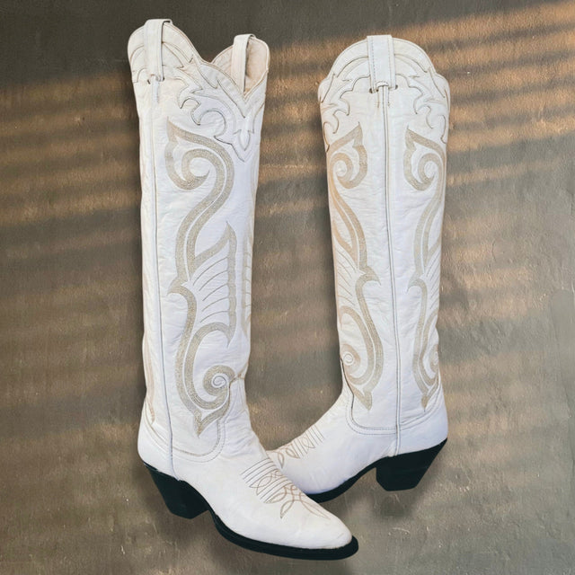LARRY MAHAN Vintage White Knee High Cowboy Boots - Botablu