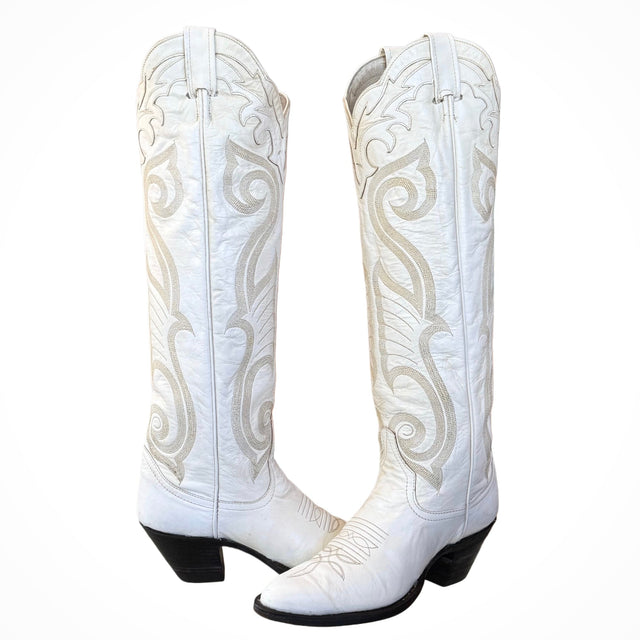 LARRY MAHAN Vintage White Knee High Cowboy Boots - Botablu