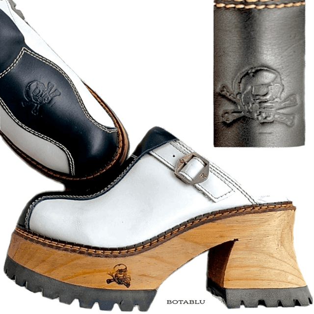 LONDON UNDERGROUND Rare Skull Platform Chunky Wooden Heel Lug Sole Clogs - Botablu