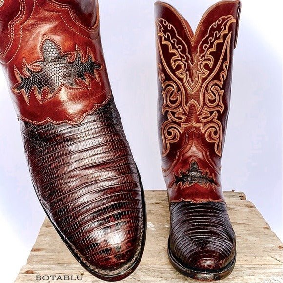 LUCCHESE 1883 Lizard Exotic Skin Goat Leather Brown Cowboy Western Boots - Botablu