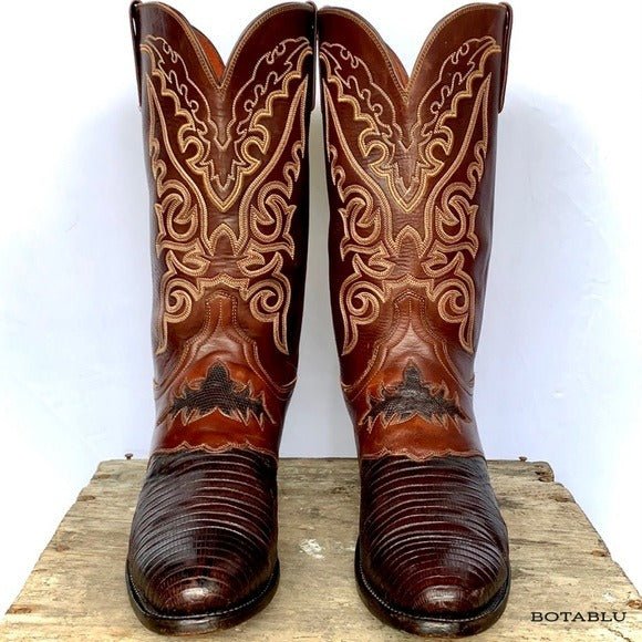 LUCCHESE 1883 Lizard Exotic Skin Goat Leather Brown Cowboy Western Boots - Botablu