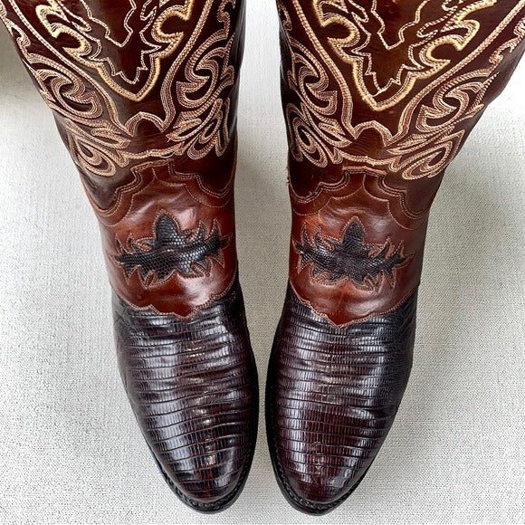 LUCCHESE 1883 Lizard Exotic Skin Goat Leather Brown Cowboy Western Boots - Botablu
