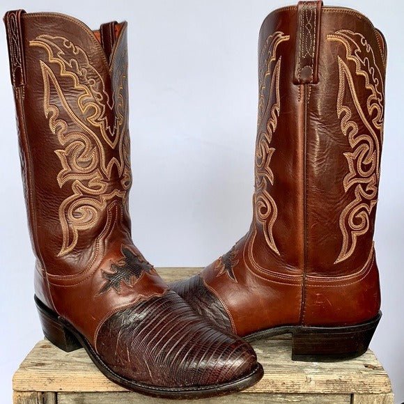 LUCCHESE 1883 Lizard Exotic Skin Goat Leather Brown Cowboy Western Boots - Botablu
