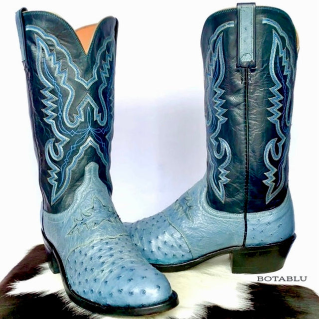 LUCCHESE 1883 Ostrich Exotic Skin Goat Leather Blue Cowboy Western Boots - Botablu