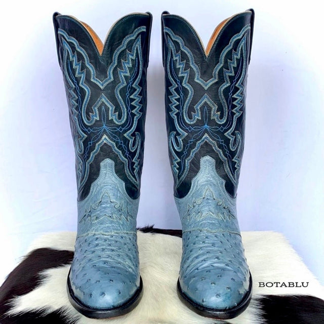 LUCCHESE 1883 Ostrich Exotic Skin Goat Leather Blue Cowboy Western Boots - Botablu