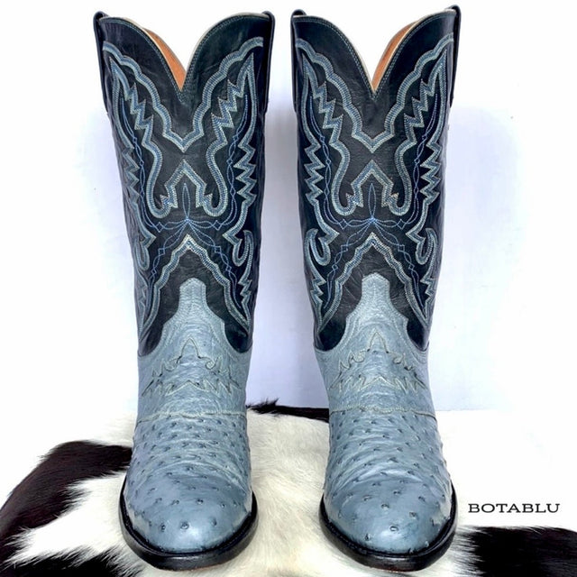 LUCCHESE 1883 Ostrich Exotic Skin Goat Leather Blue Cowboy Western Boots - Botablu