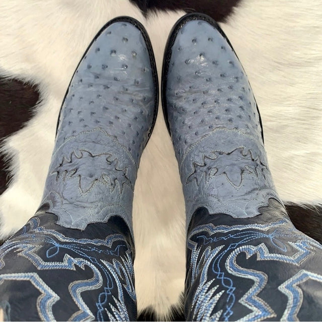 LUCCHESE 1883 Ostrich Exotic Skin Goat Leather Blue Cowboy Western Boots - Botablu