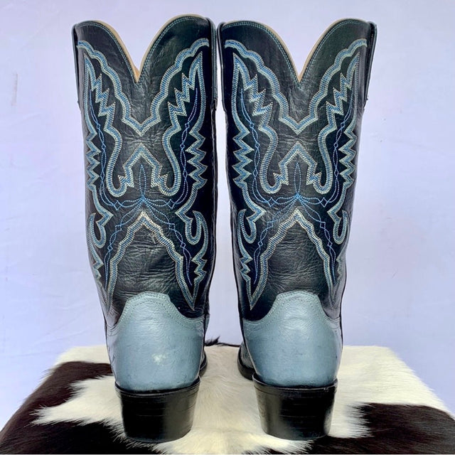 LUCCHESE 1883 Ostrich Exotic Skin Goat Leather Blue Cowboy Western Boots - Botablu