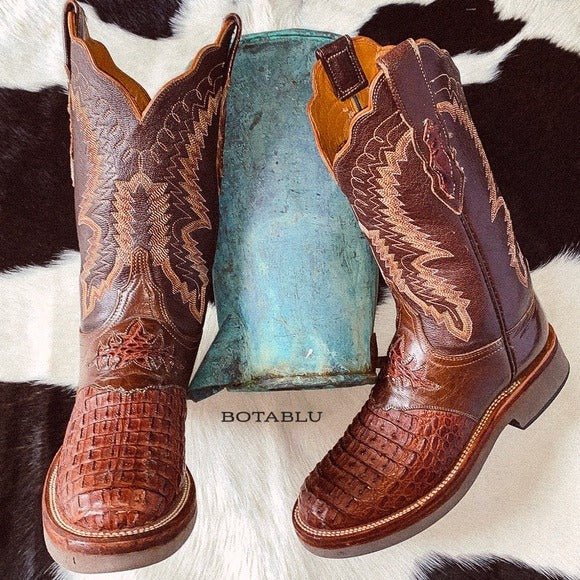 LUCCHESE Caiman Hornback Crocodile Crepe Sole Brown Cowgirl Cowboy Western Boots - Botablu