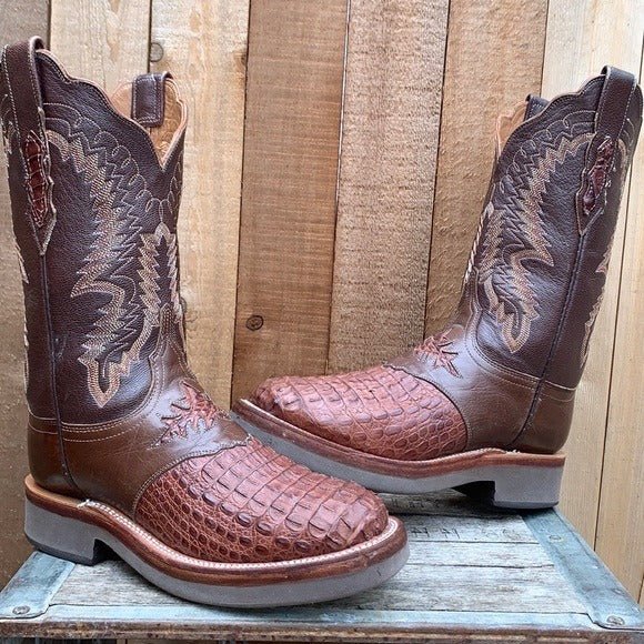 LUCCHESE Caiman Hornback Crocodile Crepe Sole Brown Cowgirl Cowboy Western Boots - Botablu