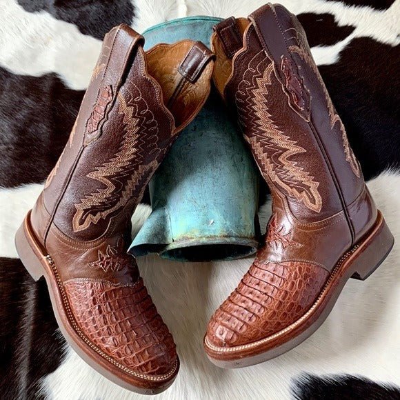 LUCCHESE Caiman Hornback Crocodile Crepe Sole Brown Cowgirl Cowboy Western Boots - Botablu