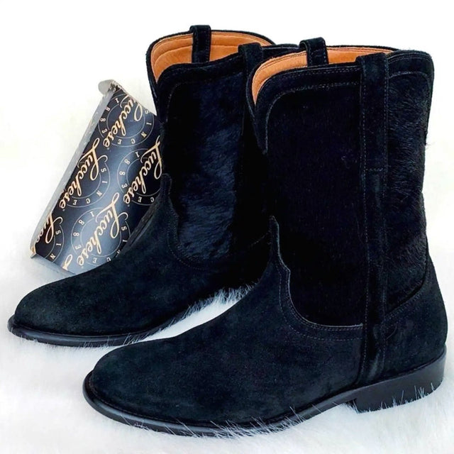 LUCCHESE Calf Hair On Western Roper Black Cowboy Boots - Botablu