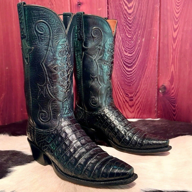 LUCCHESE Classics Handmade Belly Caiman Crocodile Black Cowboy Boots - Botablu
