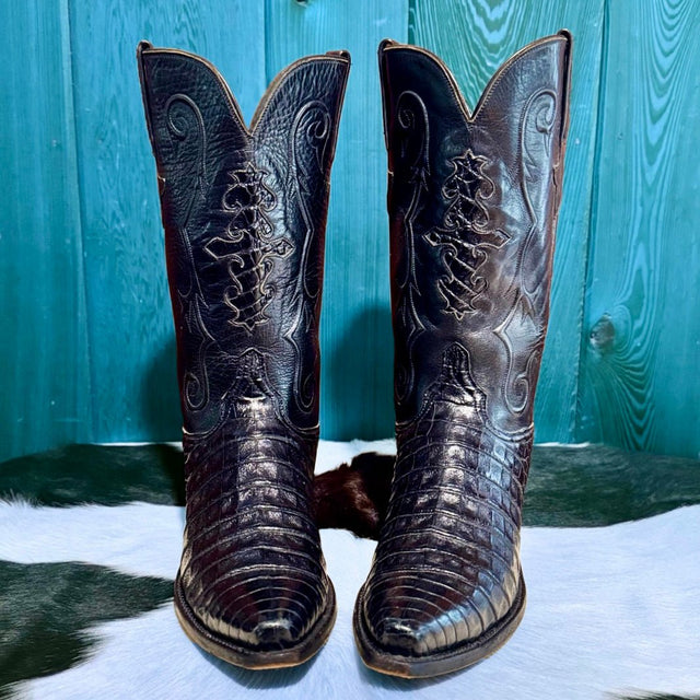 LUCCHESE Classics Handmade Belly Caiman Crocodile Black Cowboy Boots - Botablu