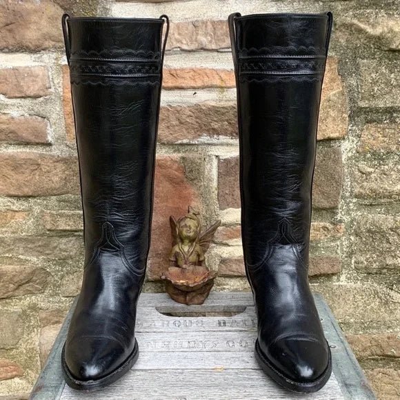 LUCCHESE Classics Handmade Black Leather Tall Knee High Cowgirl Western Boots - Botablu