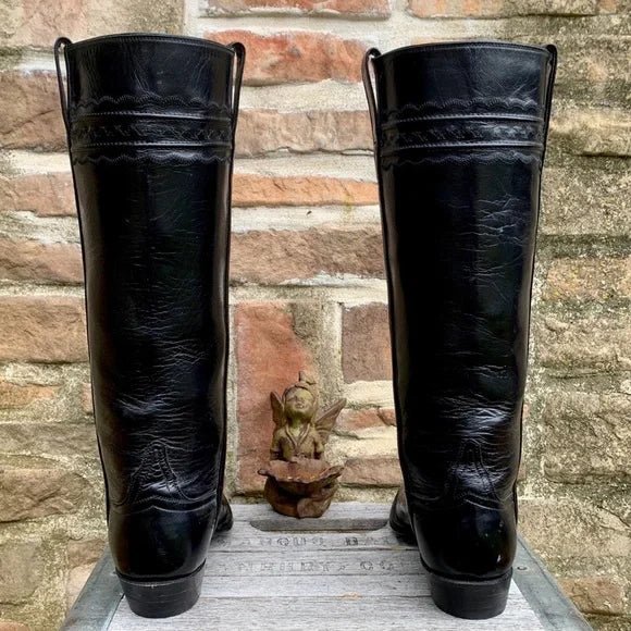 LUCCHESE Classics Handmade Black Leather Tall Knee High Cowgirl Western Boots - Botablu