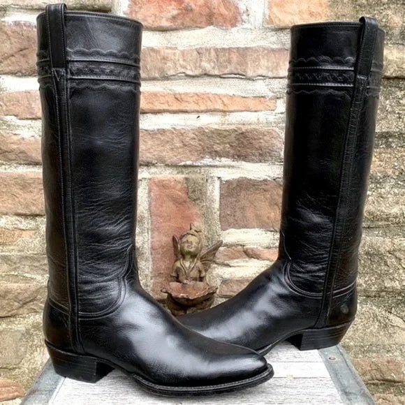 LUCCHESE Classics Handmade Black Leather Tall Knee High Cowgirl Western Boots - Botablu