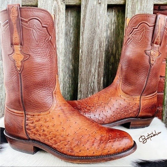 LUCCHESE Classics Handmade Ostrich Exotic Leather Roper Cowboy Western Boots - Botablu