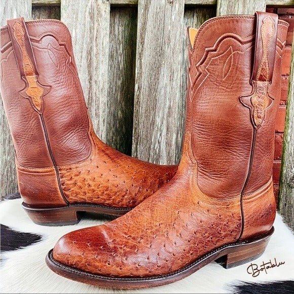 LUCCHESE Classics Handmade Ostrich Exotic Leather Roper Cowboy Western Boots - Botablu