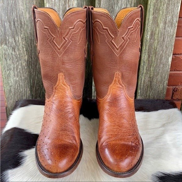 LUCCHESE Classics Handmade Ostrich Exotic Leather Roper Cowboy Western Boots - Botablu