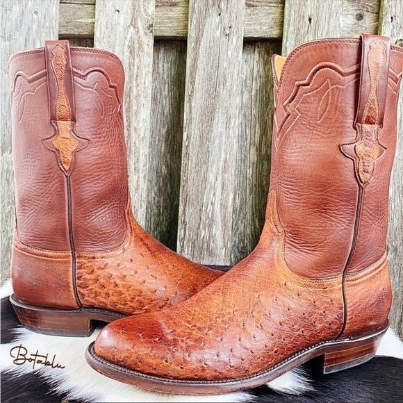 LUCCHESE Classics Handmade Ostrich Exotic Leather Roper Cowboy Western Boots - Botablu