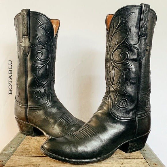 LUCCHESE Classics Handmade Vintage Black Leather Cowboy Western Boots - Botablu
