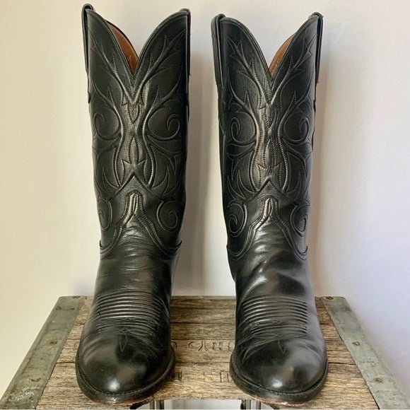 LUCCHESE Classics Handmade Vintage Black Leather Cowboy Western Boots - Botablu